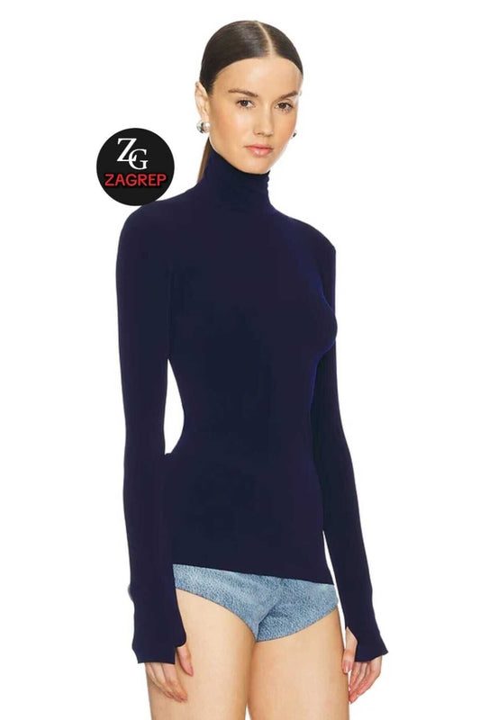 Turtleneck Silk Jersey Thumbhole Blouse - Navy Blue