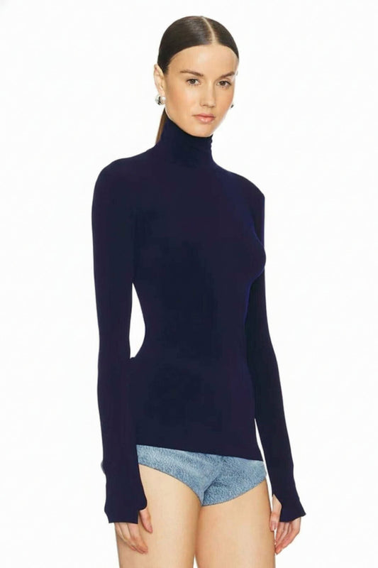 Turtleneck Silk Jersey Thumbhole Blouse - Navy Blue