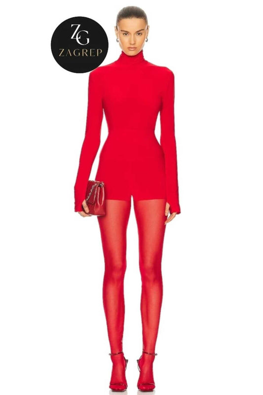 Turtleneck Silk Jersey Thumbhole Blouse - Red