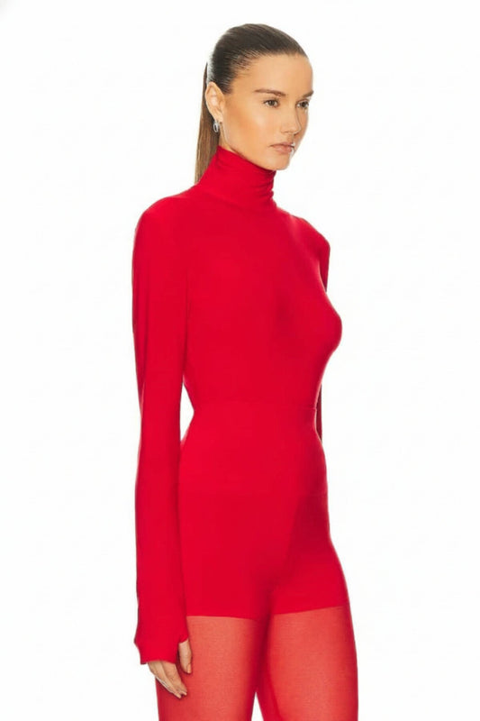 Turtleneck Silk Jersey Thumbhole Blouse - Red