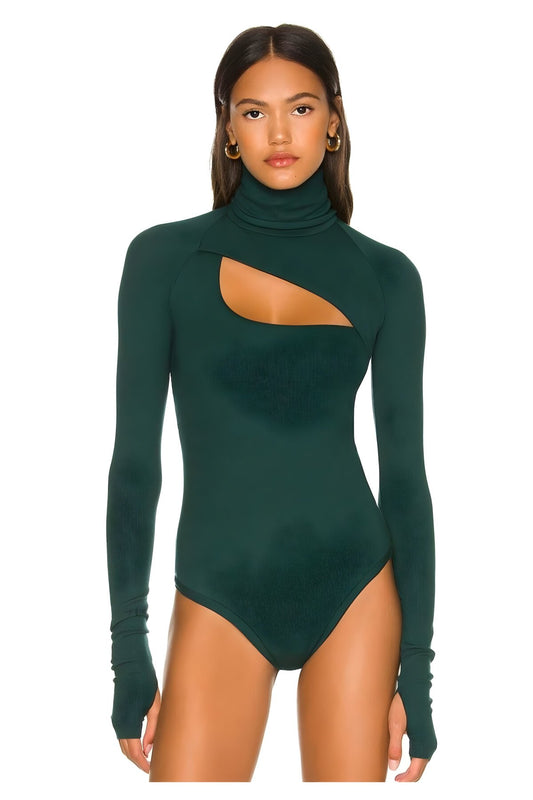 Turtleneck Silk Jersey Thumbhole Bodysuit - Emerald Green