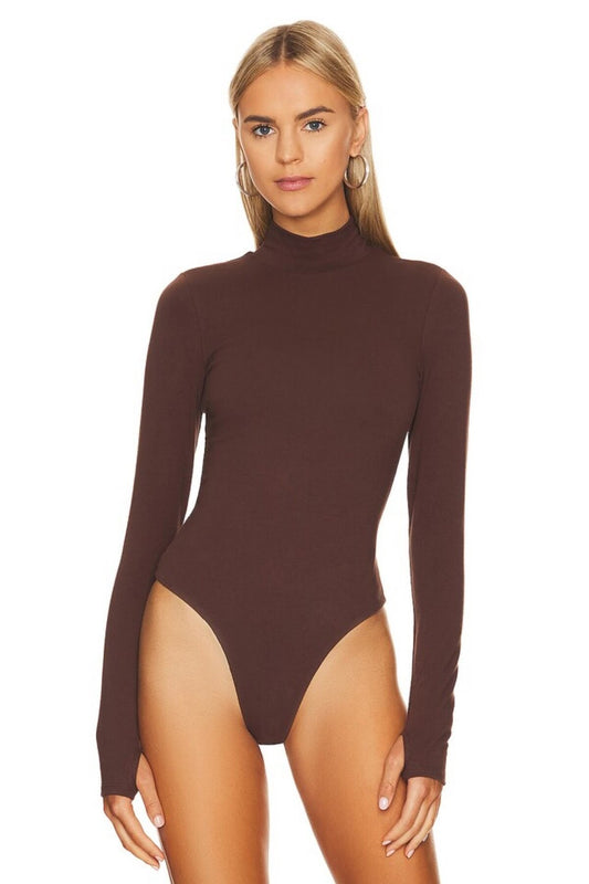 Turtleneck Thumbhole Bodysuit - Brown