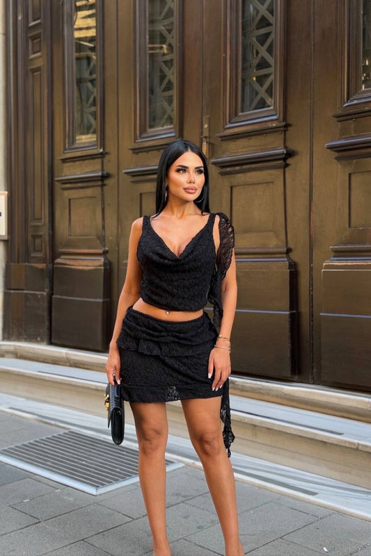 Two-piece Cowl Neck Lace Detail Set - Black