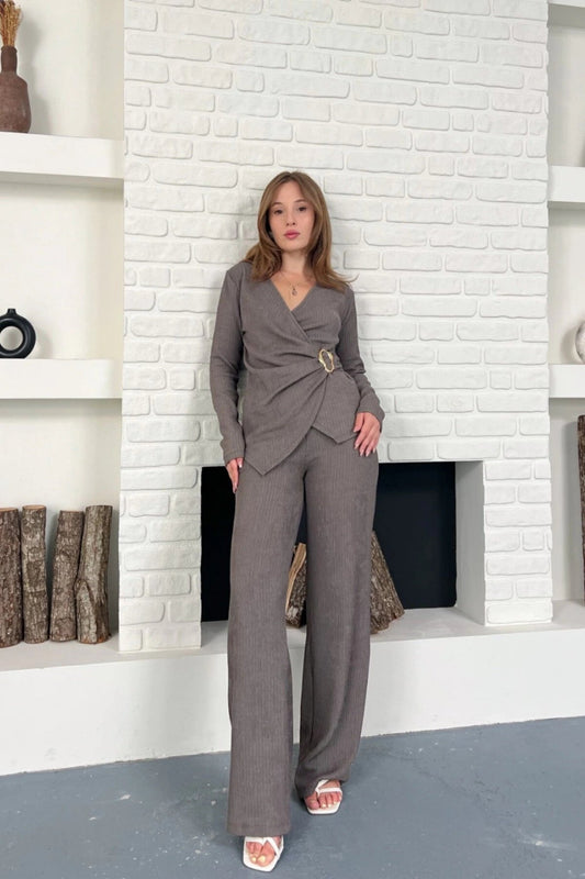 Two-Piece Double-Breasted Buckle-Detail Set - Gray