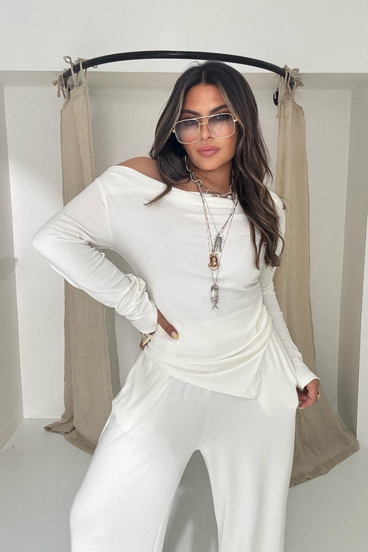 Two-Piece Knit Boat Neck Set - Ecru