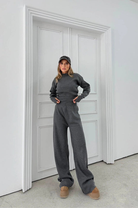 Two-Piece Knitted Thumbhole Stand Collar Set - Anthracite