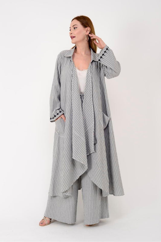 Two-Piece Striped Linen Set, Olive Tree Embroidered Back - Grey