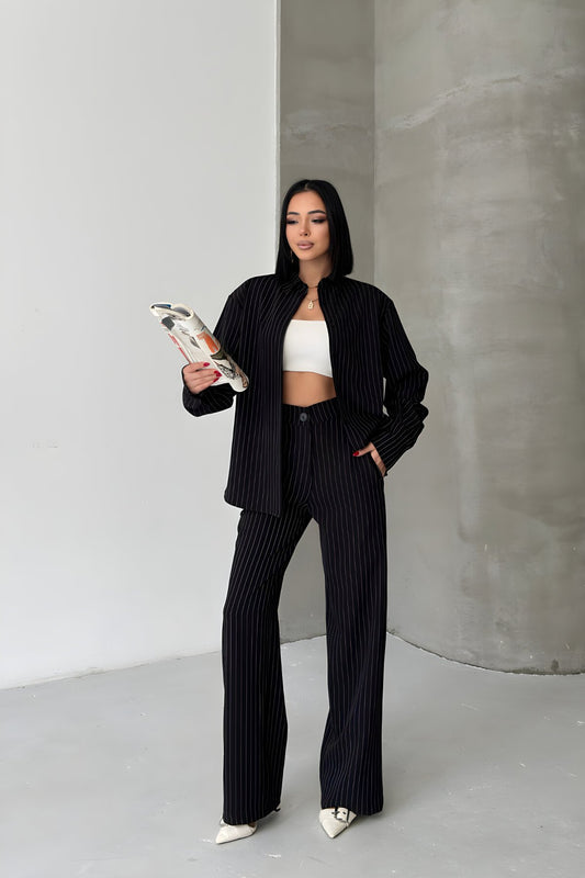 Two-Piece Striped Shirt and Pants Set - Black