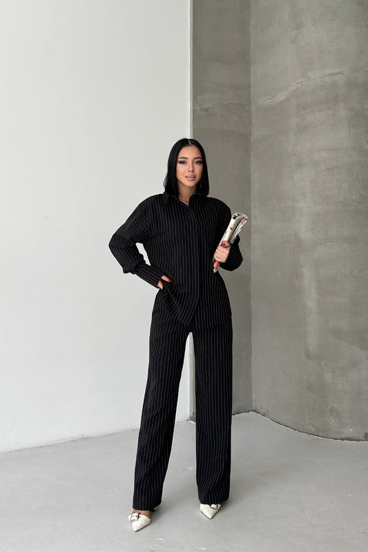 Two-Piece Striped Shirt and Pants Set - Black