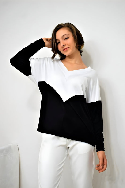 V-Neck Color Block Soft Textured Combed Cotton Blouse - Black White