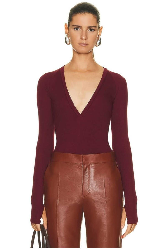 V Neck Silk Jersey Bodysuit with Thumb Hole Placket - Bordeaux