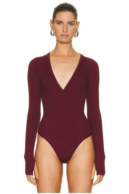 V Neck Silk Jersey Bodysuit with Thumb Hole Placket - Bordeaux