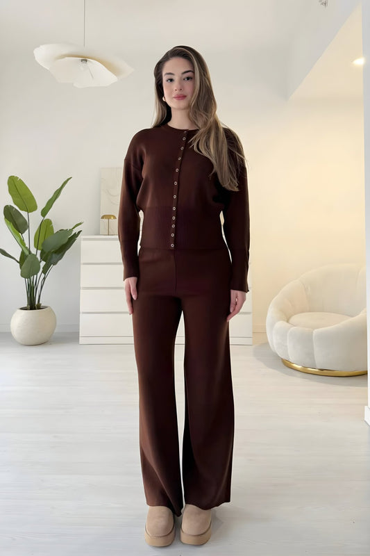 Waist-Fitted Knit Snap-Button Two-Piece Set - Brown
