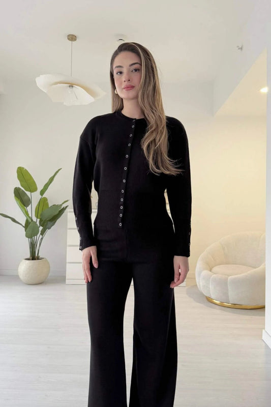 Waist-fitted Knitted Snap-Buttoned Two-piece Set - Black