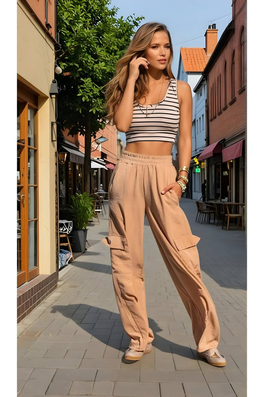 Wide Leg Cupro Cargo Pants - Beige