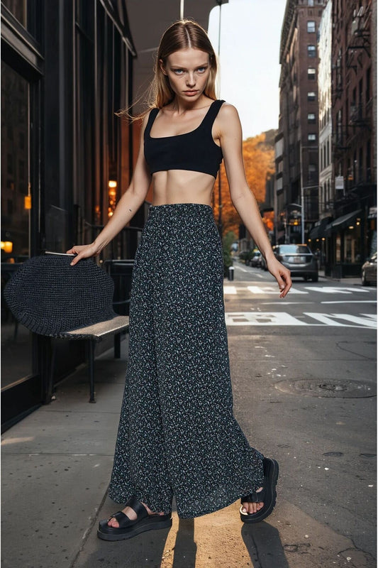 Wide Leg Floral Chiffon Lined Elastic Waist Pocket Pants - Black