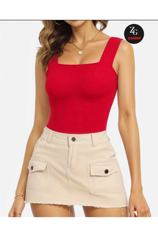 Wide Strap Opaque Silk Jersey Square Neck Bodysuit - Red