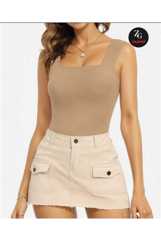 Wide Strap Silk Jersey Square Bodysuit - Beige