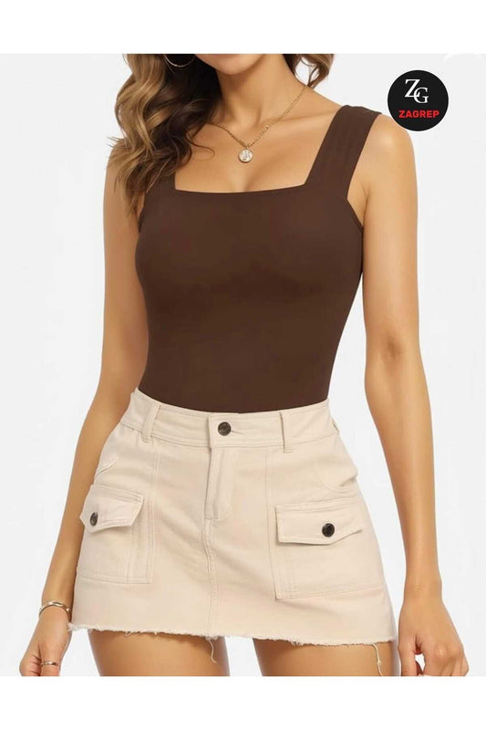 Wide-Strap Square Neck Silk Jersey Non-Sheer Body - Brown