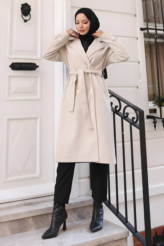 Wool Blend Belted Coat - Beige